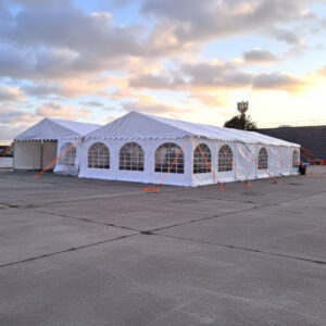 12m x 12m 650gsm PVC marquee in white with strong steel frame and fire retardant covers