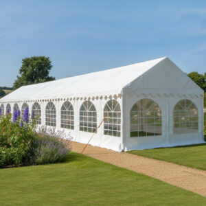 4m x 22m PVC marquee in white with steel frame and ground bars