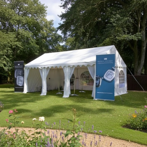 4m x 6m white PVC marquee with strong steel frame, ground bars and fire retardant covers