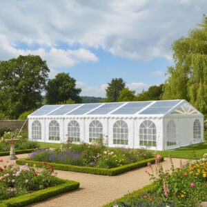 6x12m clear roof marquee with arched windows in 500gsm white PVC and 42mm steel frame with ground bars