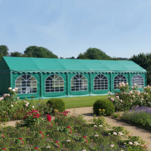 6m x 12m green PVC Marquee with steel frame, ground bars and gable uprights