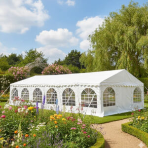 6m x 12m professional PVC marquee with strong steel frame in a country garden