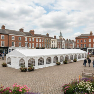 6m x 28m white pvc marquee with fire retardant pvc covers, strong steel frame and ground bars
