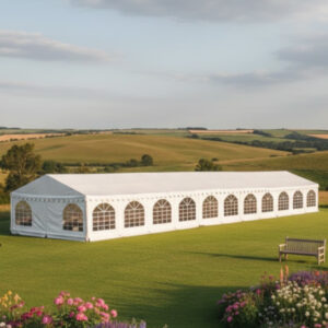 6m x 30m commercial marquee with white PVC fire retardant covers, galvanised steel framework with ground bars