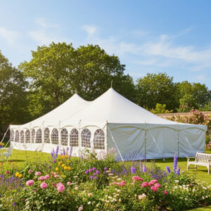 9m x 18m traditional marquee in white PVC with waterproof and fire retardant covers, aluminium legs and centre poles