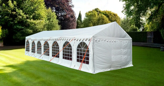3m x 14m PVC marquee with waterproof and fire retardant covers. Galvanised steel corrosion resistant frame