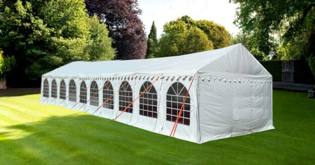 3m x 20m PVC marquee with steel frame, fire retardant covers and anti corrosion coated steel
