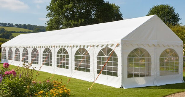 4m x 18m white PVC marquee with steel frame and ground bars