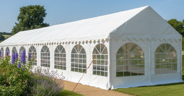 4m x 20m PVC Marquee in white with steel frame and ground bars