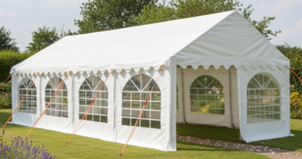 4x8m PVC Marquee with Ground bars, roof braces, eaves braces and steel frame