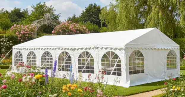 6m x 12m professional PVC marquee with strong steel frame in a country garden