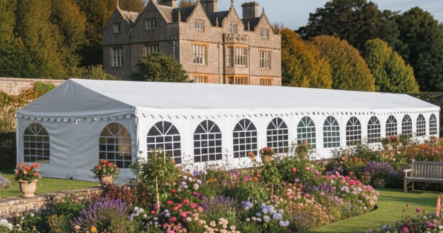 6m x 30m commercial marquee with white PVC fire retardant covers, galvanised steel framework with ground bars