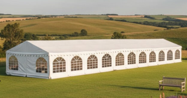 6m x 32m commercial marquee with white PVC fire retardant covers, galvanised steel framework with ground bars