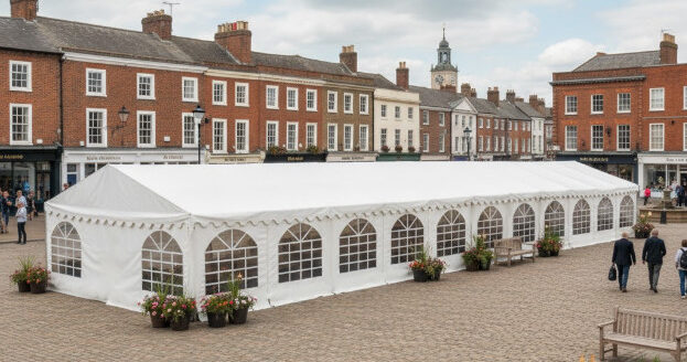 6m x 34m commercial marquee with white PVC fire retardant covers, galvanised steel framework with ground bars