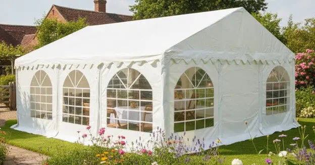 6m x 7m white PVC marquee with strong steel frame and ground bars