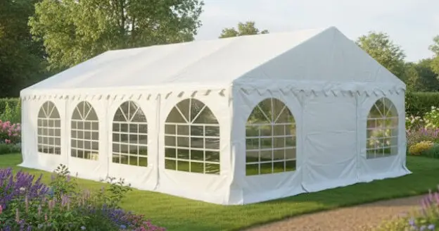 6m x 9m PVC white marquee 1600 with ground bars and eaves braces