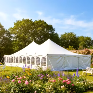 9x18m traditional PVC marquee in white with waterproof and fire retardant covers